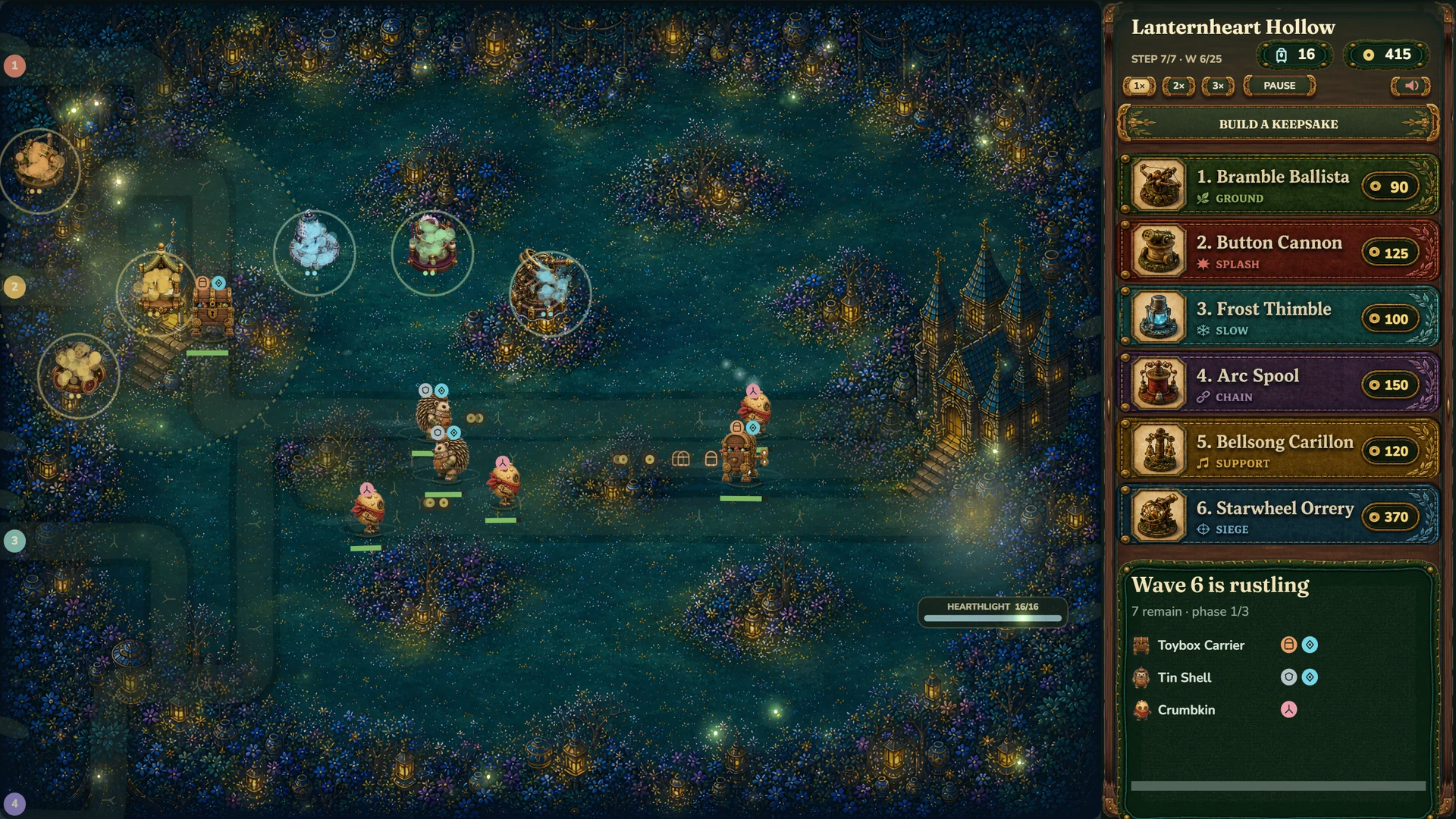 Keepsake towers defending Lanternheart Hollow in the moonlit Buttonwood garden