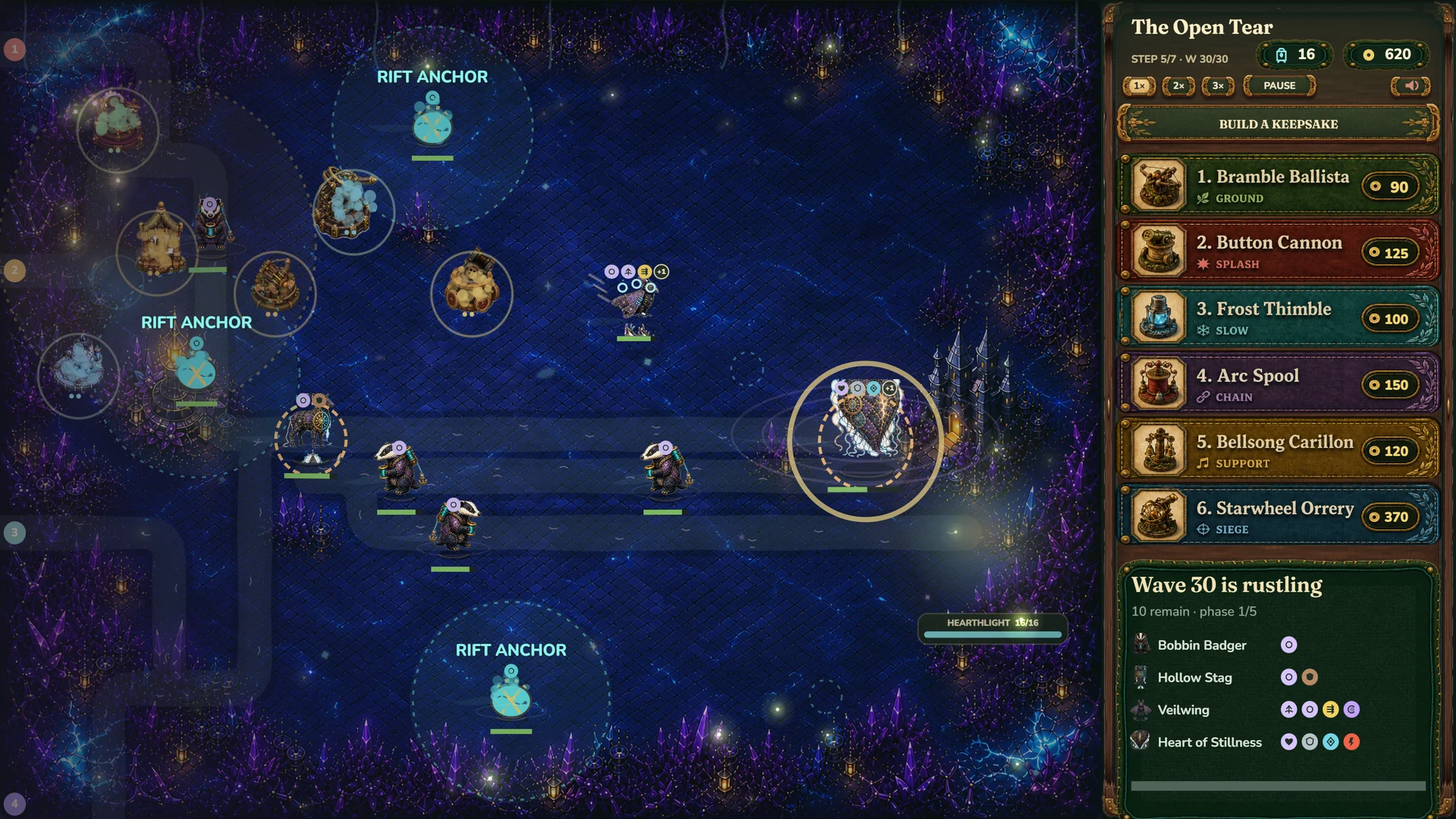 Pip's defenses confronting a boss beside glowing Rift Anchors