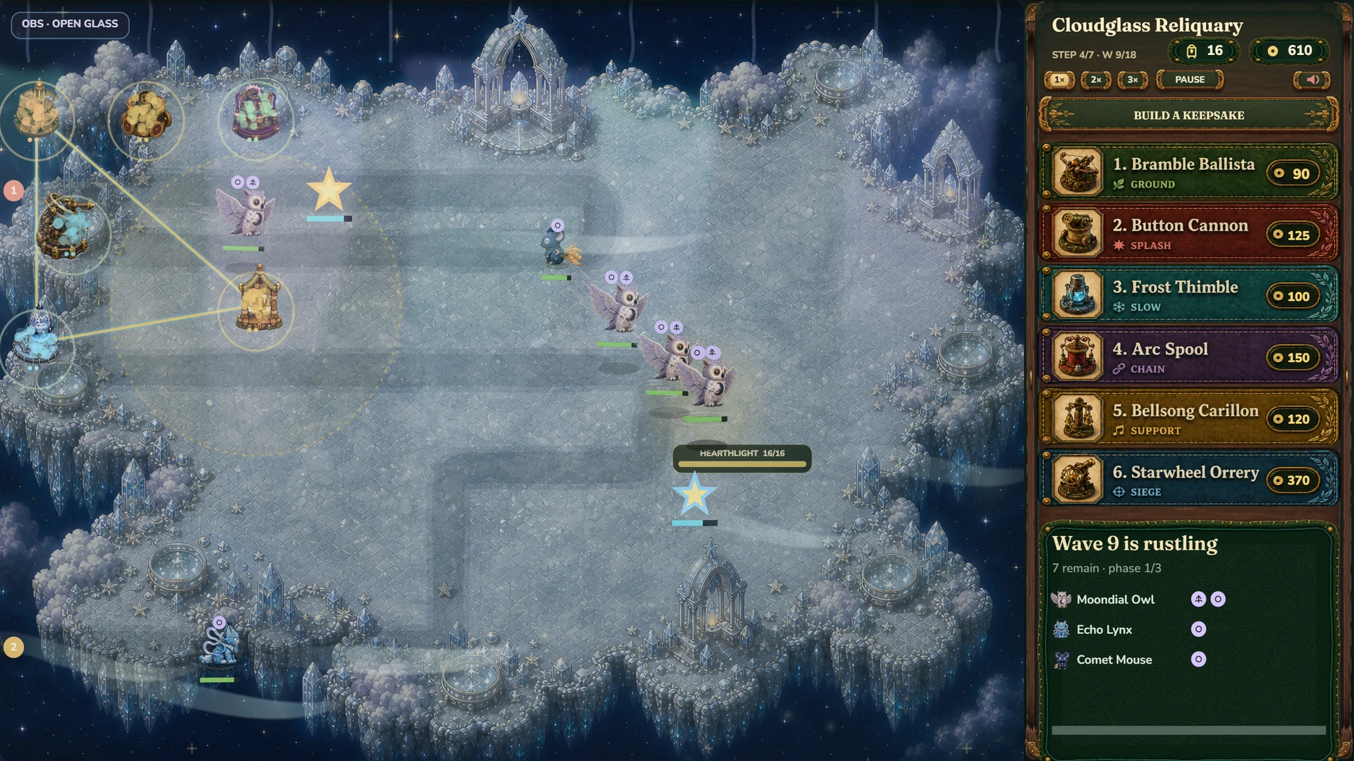Three towers linked as a constellation in the Starweft sky